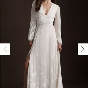 BHLDN Champagne Ivory Nassau Gown with Slit and Bishop Sleeves
